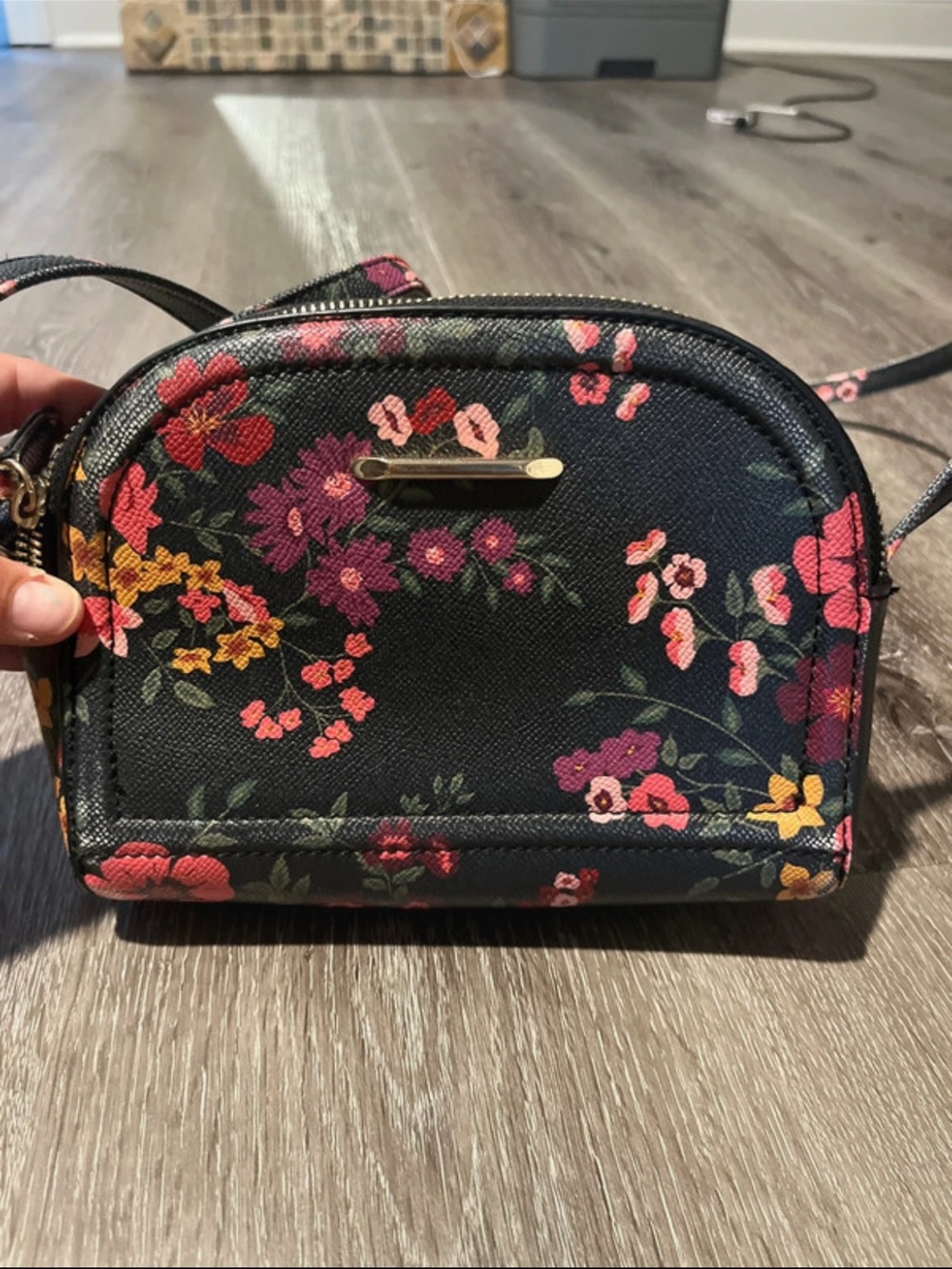 Floral Crossbody Bag in Black with Pink & Purple Blooms